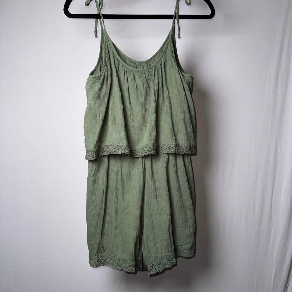 Aerie Olive Green Popover Romper Crochet Lace Trim Tie Straps Medium - Picture 4 of 12
